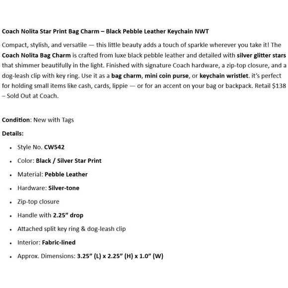 Coach Nolita Star Print Bag Charm – Black Pebble Leather Keychain NWT - Picture 2 of 5